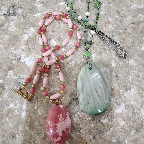 Pink and Green Gemstone and Glass Bead Artisan Necklaces Bundle Set - Picture 2 of 14
